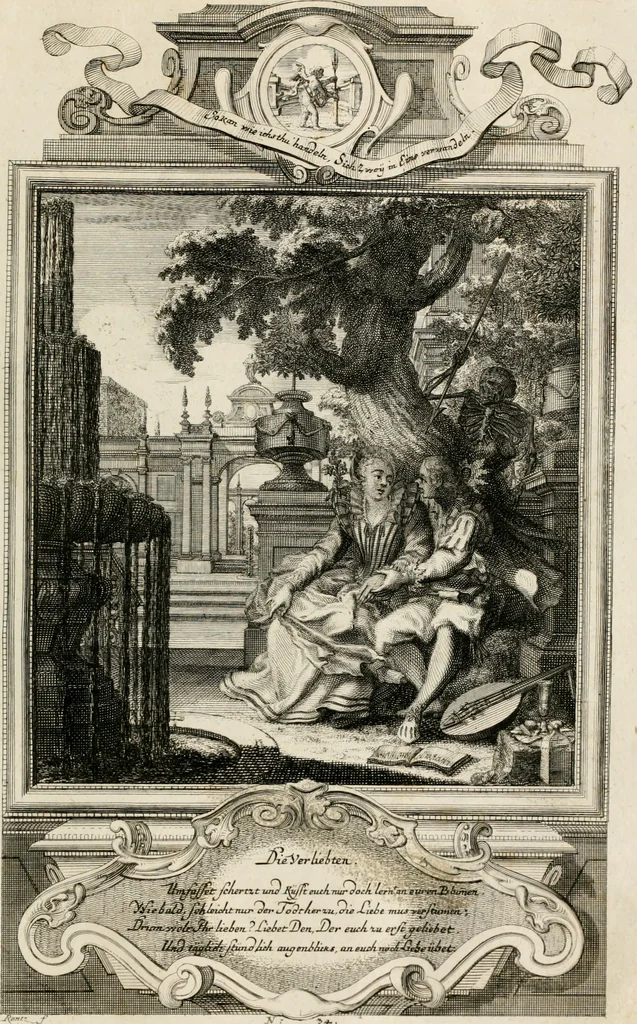 An illustration from Geistliche Todts-Gedancken : bey allerhand Gemählden und Schildereyen in Vorbildung unterschiedlichen Geschlechts, Alters, Standes, und Würdens-Persohnen sich des Todes zu erinneren, aus dessen Lehr die Tugend zu üben, und die Sünd zu meyden : erstlich in Kupfer entworffen, nachmahlen durch sittliche Erörtherung und Uberlegung unter Todten-Farben in Vorschein gebracht, dardurch zum Heyl der Seelen im Gemüth des geneigten Lesers ein lebendige Forcht und embsige Vorsorg des Todes zu erwecken, 1753, leaf 198