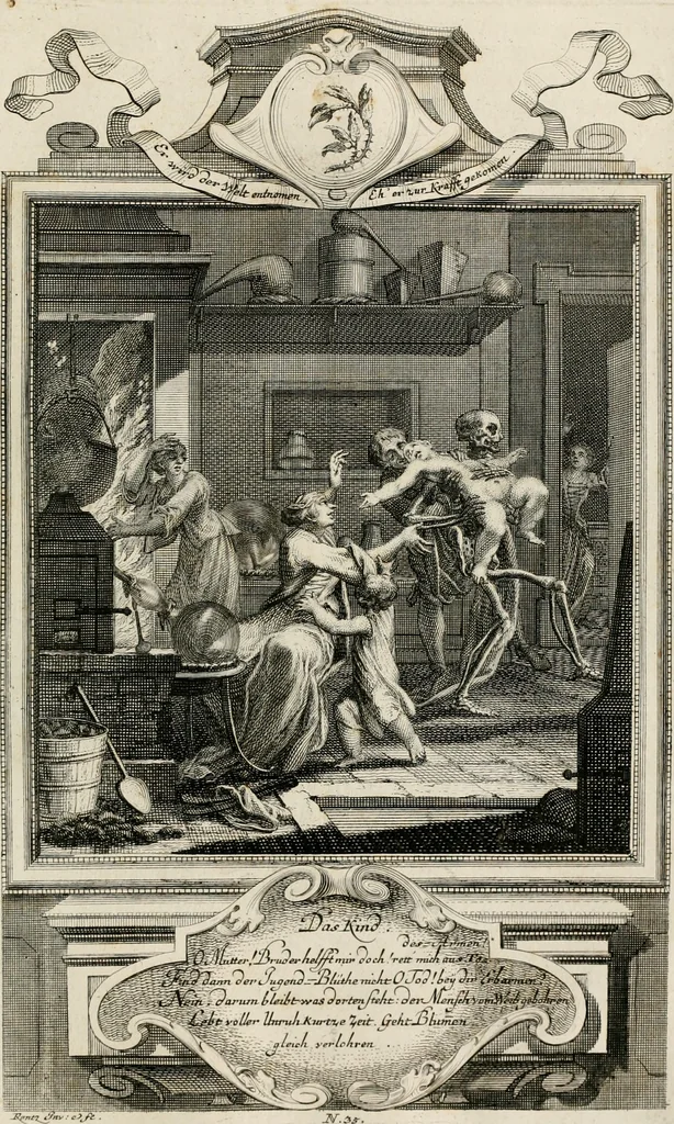 An illustration from Geistliche Todts-Gedancken : bey allerhand Gemählden und Schildereyen in Vorbildung unterschiedlichen Geschlechts, Alters, Standes, und Würdens-Persohnen sich des Todes zu erinneren, aus dessen Lehr die Tugend zu üben, und die Sünd zu meyden : erstlich in Kupfer entworffen, nachmahlen durch sittliche Erörtherung und Uberlegung unter Todten-Farben in Vorschein gebracht, dardurch zum Heyl der Seelen im Gemüth des geneigten Lesers ein lebendige Forcht und embsige Vorsorg des Todes zu erwecken, 1753, leaf 202