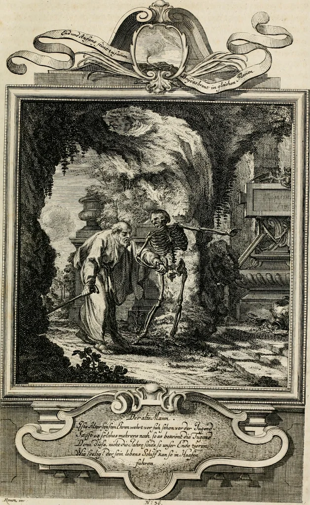 An illustration from Geistliche Todts-Gedancken : bey allerhand Gemählden und Schildereyen in Vorbildung unterschiedlichen Geschlechts, Alters, Standes, und Würdens-Persohnen sich des Todes zu erinneren, aus dessen Lehr die Tugend zu üben, und die Sünd zu meyden : erstlich in Kupfer entworffen, nachmahlen durch sittliche Erörtherung und Uberlegung unter Todten-Farben in Vorschein gebracht, dardurch zum Heyl der Seelen im Gemüth des geneigten Lesers ein lebendige Forcht und embsige Vorsorg des Todes zu erwecken, 1753, leaf 208