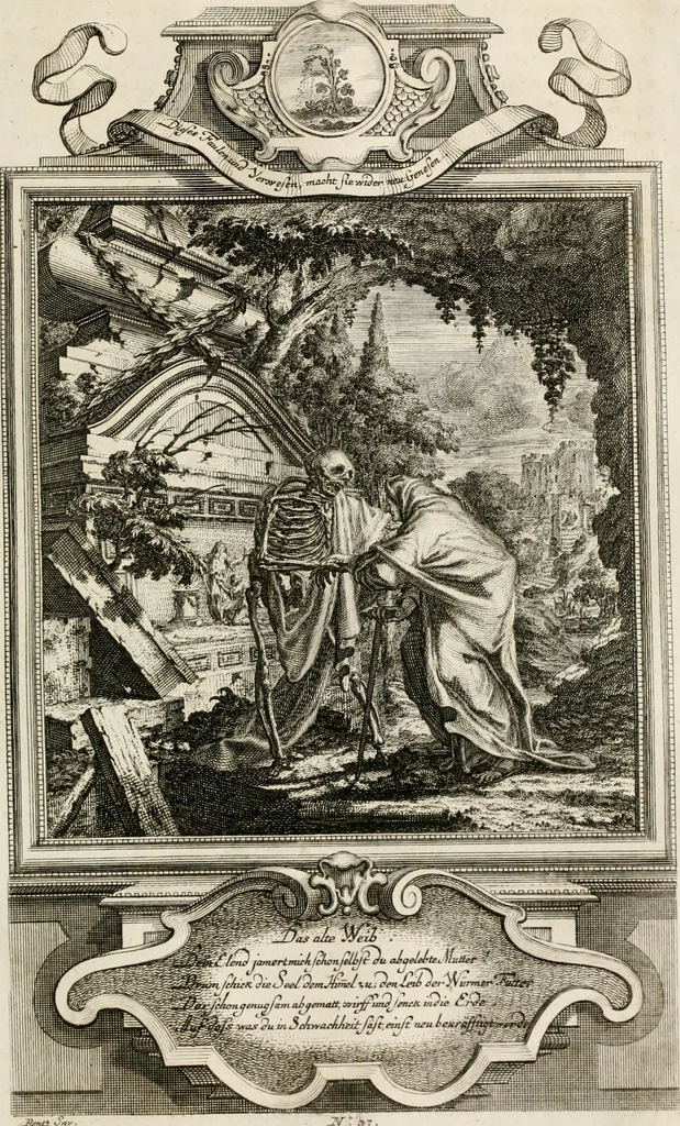 An illustration from Geistliche Todts-Gedancken : bey allerhand Gemählden und Schildereyen in Vorbildung unterschiedlichen Geschlechts, Alters, Standes, und Würdens-Persohnen sich des Todes zu erinneren, aus dessen Lehr die Tugend zu üben, und die Sünd zu meyden : erstlich in Kupfer entworffen, nachmahlen durch sittliche Erörtherung und Uberlegung unter Todten-Farben in Vorschein gebracht, dardurch zum Heyl der Seelen im Gemüth des geneigten Lesers ein lebendige Forcht und embsige Vorsorg des Todes zu erwecken, 1753, leaf 214