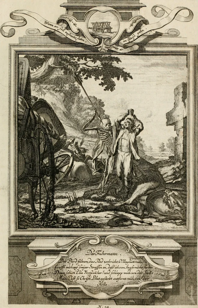 An illustration from Geistliche Todts-Gedancken : bey allerhand Gemählden und Schildereyen in Vorbildung unterschiedlichen Geschlechts, Alters, Standes, und Würdens-Persohnen sich des Todes zu erinneren, aus dessen Lehr die Tugend zu üben, und die Sünd zu meyden : erstlich in Kupfer entworffen, nachmahlen durch sittliche Erörtherung und Uberlegung unter Todten-Farben in Vorschein gebracht, dardurch zum Heyl der Seelen im Gemüth des geneigten Lesers ein lebendige Forcht und embsige Vorsorg des Todes zu erwecken, 1753, leaf 220