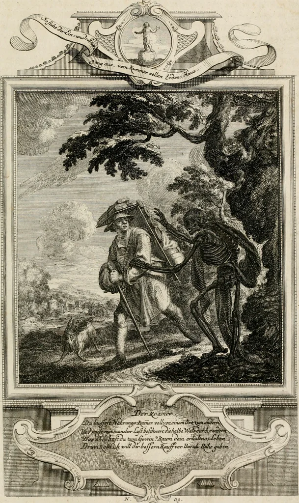 An illustration from Geistliche Todts-Gedancken : bey allerhand Gemählden und Schildereyen in Vorbildung unterschiedlichen Geschlechts, Alters, Standes, und Würdens-Persohnen sich des Todes zu erinneren, aus dessen Lehr die Tugend zu üben, und die Sünd zu meyden : erstlich in Kupfer entworffen, nachmahlen durch sittliche Erörtherung und Uberlegung unter Todten-Farben in Vorschein gebracht, dardurch zum Heyl der Seelen im Gemüth des geneigten Lesers ein lebendige Forcht und embsige Vorsorg des Todes zu erwecken, 1753, leaf 226