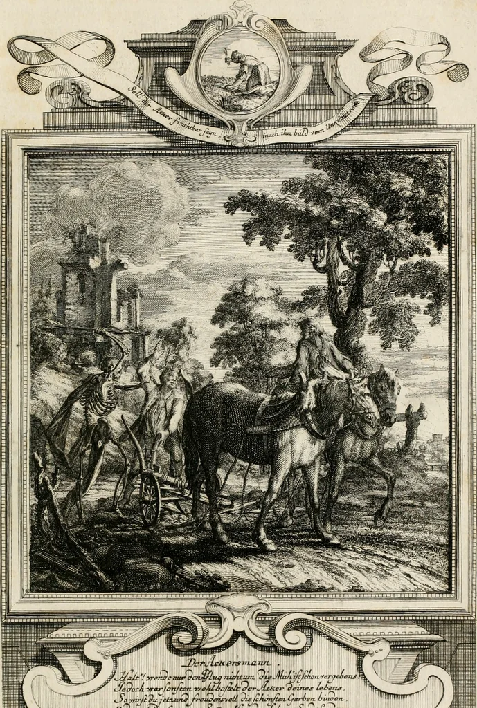 An illustration from Geistliche Todts-Gedancken : bey allerhand Gemählden und Schildereyen in Vorbildung unterschiedlichen Geschlechts, Alters, Standes, und Würdens-Persohnen sich des Todes zu erinneren, aus dessen Lehr die Tugend zu üben, und die Sünd zu meyden : erstlich in Kupfer entworffen, nachmahlen durch sittliche Erörtherung und Uberlegung unter Todten-Farben in Vorschein gebracht, dardurch zum Heyl der Seelen im Gemüth des geneigten Lesers ein lebendige Forcht und embsige Vorsorg des Todes zu erwecken, 1753, leaf 230