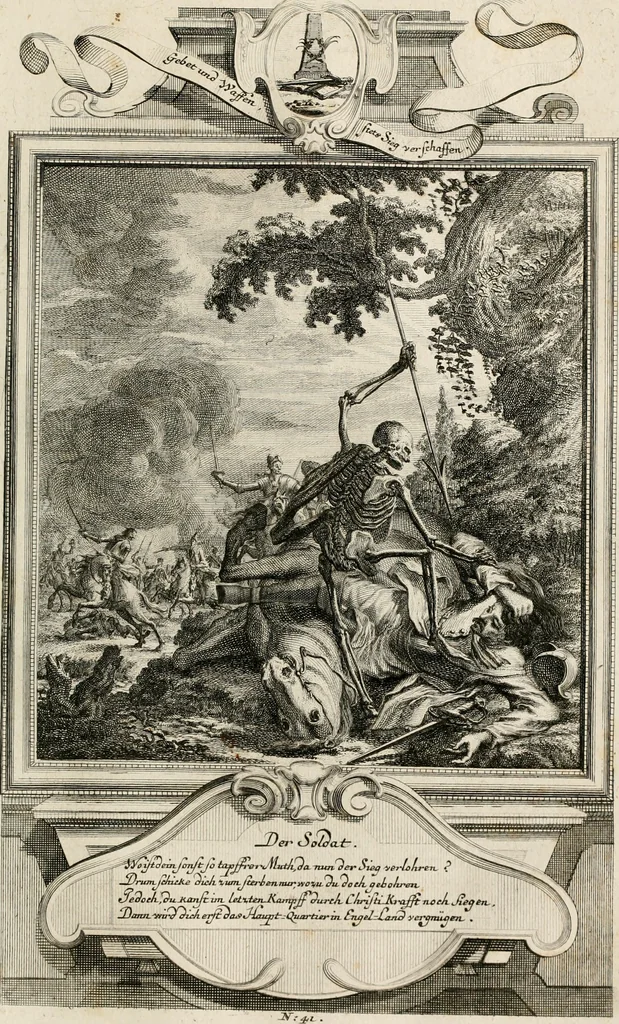 An illustration from Geistliche Todts-Gedancken : bey allerhand Gemählden und Schildereyen in Vorbildung unterschiedlichen Geschlechts, Alters, Standes, und Würdens-Persohnen sich des Todes zu erinneren, aus dessen Lehr die Tugend zu üben, und die Sünd zu meyden : erstlich in Kupfer entworffen, nachmahlen durch sittliche Erörtherung und Uberlegung unter Todten-Farben in Vorschein gebracht, dardurch zum Heyl der Seelen im Gemüth des geneigten Lesers ein lebendige Forcht und embsige Vorsorg des Todes zu erwecken, 1753, leaf 236
