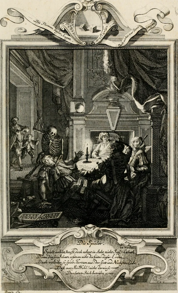 An illustration from Geistliche Todts-Gedancken : bey allerhand Gemählden und Schildereyen in Vorbildung unterschiedlichen Geschlechts, Alters, Standes, und Würdens-Persohnen sich des Todes zu erinneren, aus dessen Lehr die Tugend zu üben, und die Sünd zu meyden : erstlich in Kupfer entworffen, nachmahlen durch sittliche Erörtherung und Uberlegung unter Todten-Farben in Vorschein gebracht, dardurch zum Heyl der Seelen im Gemüth des geneigten Lesers ein lebendige Forcht und embsige Vorsorg des Todes zu erwecken, 1753, leaf 242