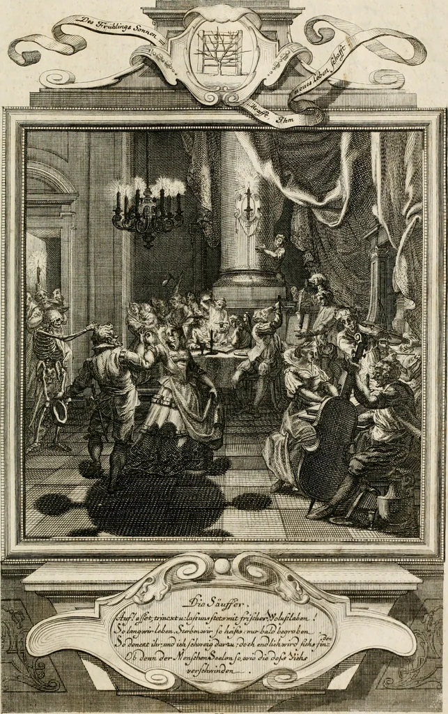An illustration from Geistliche Todts-Gedancken : bey allerhand Gemählden und Schildereyen in Vorbildung unterschiedlichen Geschlechts, Alters, Standes, und Würdens-Persohnen sich des Todes zu erinneren, aus dessen Lehr die Tugend zu üben, und die Sünd zu meyden : erstlich in Kupfer entworffen, nachmahlen durch sittliche Erörtherung und Uberlegung unter Todten-Farben in Vorschein gebracht, dardurch zum Heyl der Seelen im Gemüth des geneigten Lesers ein lebendige Forcht und embsige Vorsorg des Todes zu erwecken, 1753, leaf 246