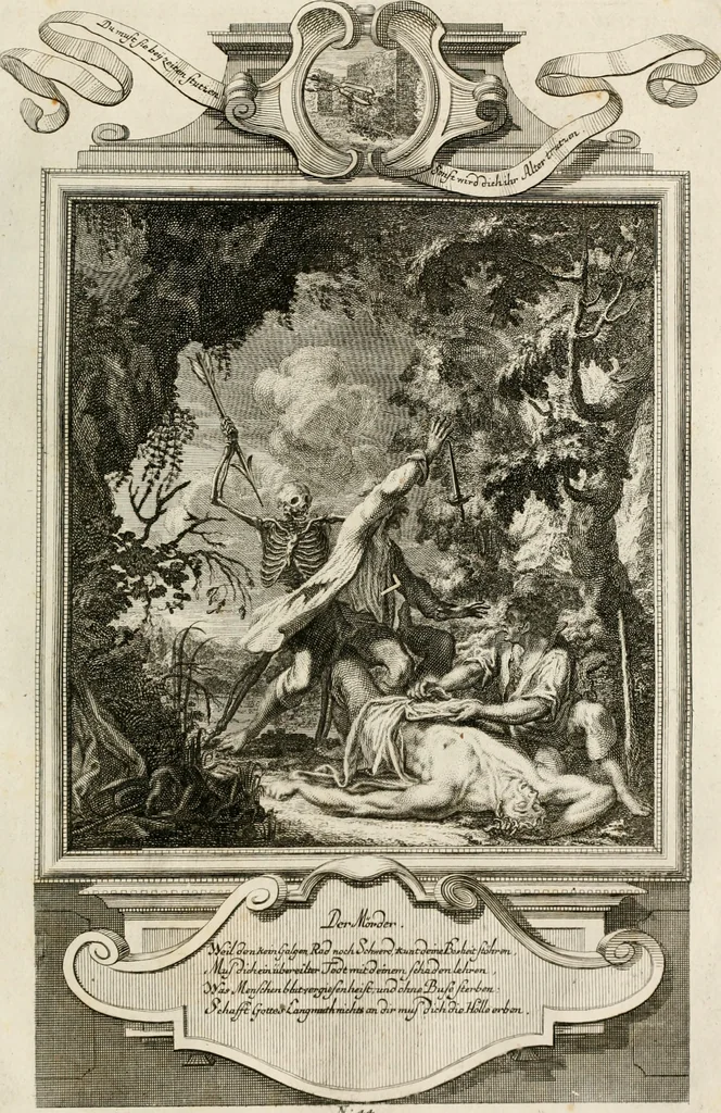 An illustration from Geistliche Todts-Gedancken : bey allerhand Gemählden und Schildereyen in Vorbildung unterschiedlichen Geschlechts, Alters, Standes, und Würdens-Persohnen sich des Todes zu erinneren, aus dessen Lehr die Tugend zu üben, und die Sünd zu meyden : erstlich in Kupfer entworffen, nachmahlen durch sittliche Erörtherung und Uberlegung unter Todten-Farben in Vorschein gebracht, dardurch zum Heyl der Seelen im Gemüth des geneigten Lesers ein lebendige Forcht und embsige Vorsorg des Todes zu erwecken, 1753, leaf 252