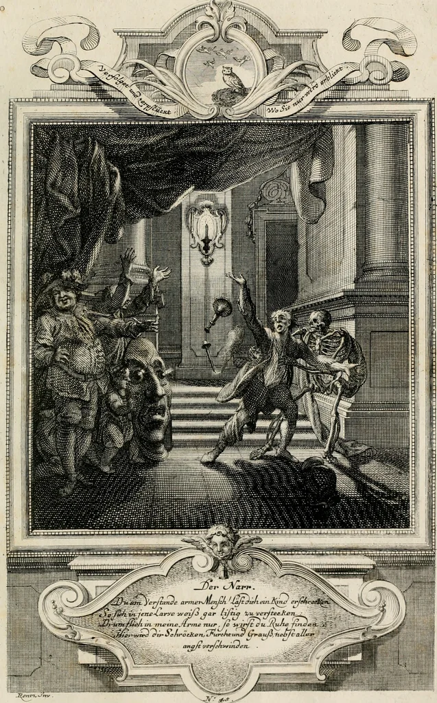 An illustration from Geistliche Todts-Gedancken : bey allerhand Gemählden und Schildereyen in Vorbildung unterschiedlichen Geschlechts, Alters, Standes, und Würdens-Persohnen sich des Todes zu erinneren, aus dessen Lehr die Tugend zu üben, und die Sünd zu meyden : erstlich in Kupfer entworffen, nachmahlen durch sittliche Erörtherung und Uberlegung unter Todten-Farben in Vorschein gebracht, dardurch zum Heyl der Seelen im Gemüth des geneigten Lesers ein lebendige Forcht und embsige Vorsorg des Todes zu erwecken, 1753, leaf 258