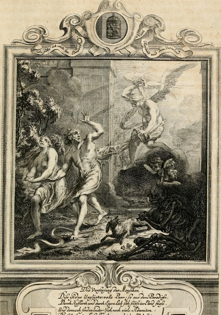 An illustration from Geistliche Todts-Gedancken : bey allerhand Gemählden und Schildereyen in Vorbildung unterschiedlichen Geschlechts, Alters, Standes, und Würdens-Persohnen sich des Todes zu erinneren, aus dessen Lehr die Tugend zu üben, und die Sünd zu meyden : erstlich in Kupfer entworffen, nachmahlen durch sittliche Erörtherung und Uberlegung unter Todten-Farben in Vorschein gebracht, dardurch zum Heyl der Seelen im Gemüth des geneigten Lesers ein lebendige Forcht und embsige Vorsorg des Todes zu erwecken, 1753, leaf 26