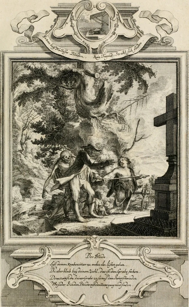 An illustration from Geistliche Todts-Gedancken : bey allerhand Gemählden und Schildereyen in Vorbildung unterschiedlichen Geschlechts, Alters, Standes, und Würdens-Persohnen sich des Todes zu erinneren, aus dessen Lehr die Tugend zu üben, und die Sünd zu meyden : erstlich in Kupfer entworffen, nachmahlen durch sittliche Erörtherung und Uberlegung unter Todten-Farben in Vorschein gebracht, dardurch zum Heyl der Seelen im Gemüth des geneigten Lesers ein lebendige Forcht und embsige Vorsorg des Todes zu erwecken, 1753, leaf 264