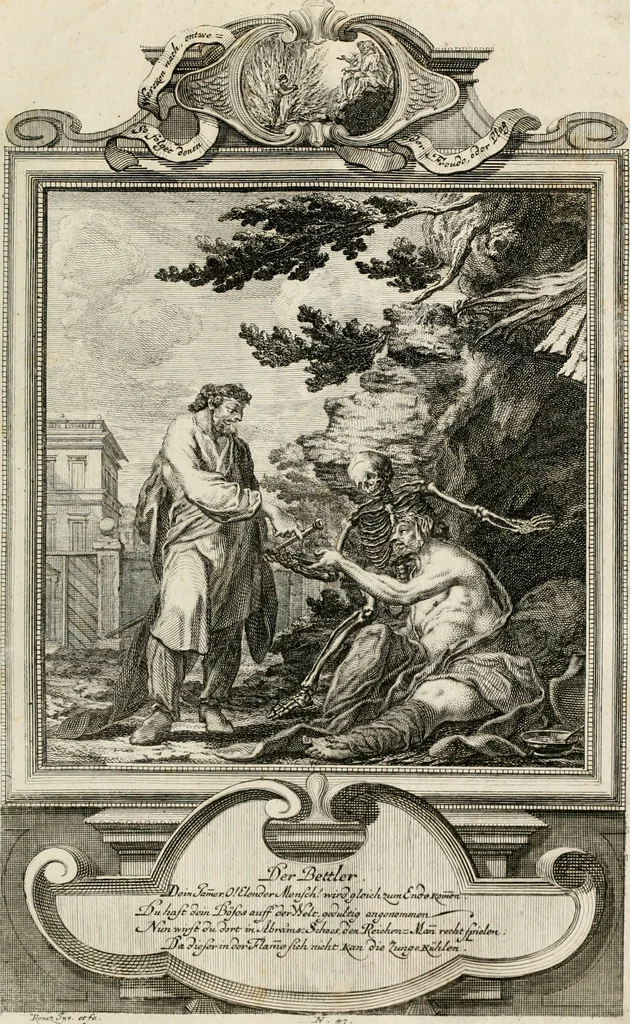 An illustration from Geistliche Todts-Gedancken : bey allerhand Gemählden und Schildereyen in Vorbildung unterschiedlichen Geschlechts, Alters, Standes, und Würdens-Persohnen sich des Todes zu erinneren, aus dessen Lehr die Tugend zu üben, und die Sünd zu meyden : erstlich in Kupfer entworffen, nachmahlen durch sittliche Erörtherung und Uberlegung unter Todten-Farben in Vorschein gebracht, dardurch zum Heyl der Seelen im Gemüth des geneigten Lesers ein lebendige Forcht und embsige Vorsorg des Todes zu erwecken, 1753, leaf 270