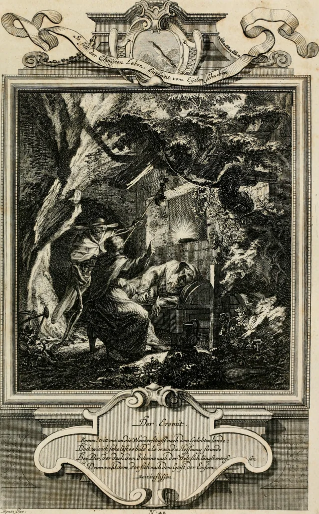 An illustration from Geistliche Todts-Gedancken : bey allerhand Gemählden und Schildereyen in Vorbildung unterschiedlichen Geschlechts, Alters, Standes, und Würdens-Persohnen sich des Todes zu erinneren, aus dessen Lehr die Tugend zu üben, und die Sünd zu meyden : erstlich in Kupfer entworffen, nachmahlen durch sittliche Erörtherung und Uberlegung unter Todten-Farben in Vorschein gebracht, dardurch zum Heyl der Seelen im Gemüth des geneigten Lesers ein lebendige Forcht und embsige Vorsorg des Todes zu erwecken, 1753, leaf 276