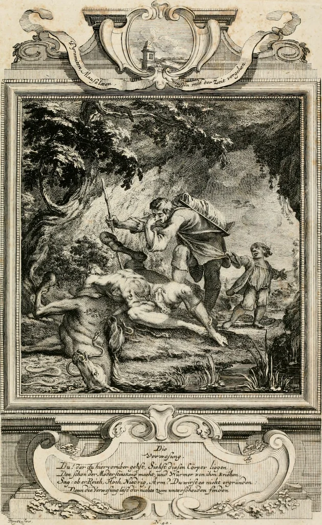 An illustration from Geistliche Todts-Gedancken : bey allerhand Gemählden und Schildereyen in Vorbildung unterschiedlichen Geschlechts, Alters, Standes, und Würdens-Persohnen sich des Todes zu erinneren, aus dessen Lehr die Tugend zu üben, und die Sünd zu meyden : erstlich in Kupfer entworffen, nachmahlen durch sittliche Erörtherung und Uberlegung unter Todten-Farben in Vorschein gebracht, dardurch zum Heyl der Seelen im Gemüth des geneigten Lesers ein lebendige Forcht und embsige Vorsorg des Todes zu erwecken, 1753, leaf 280