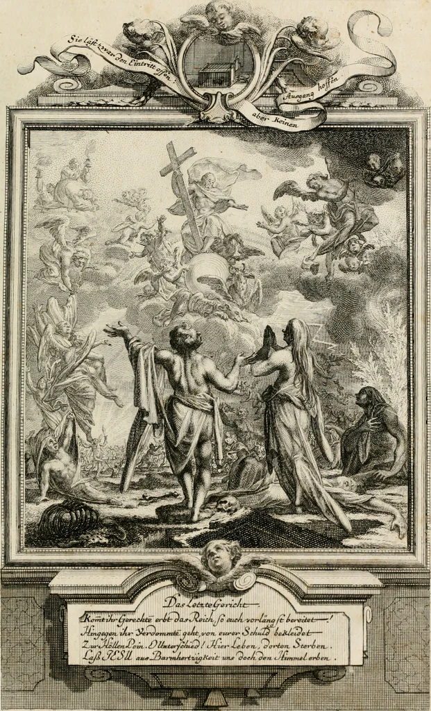 An illustration from Geistliche Todts-Gedancken : bey allerhand Gemählden und Schildereyen in Vorbildung unterschiedlichen Geschlechts, Alters, Standes, und Würdens-Persohnen sich des Todes zu erinneren, aus dessen Lehr die Tugend zu üben, und die Sünd zu meyden : erstlich in Kupfer entworffen, nachmahlen durch sittliche Erörtherung und Uberlegung unter Todten-Farben in Vorschein gebracht, dardurch zum Heyl der Seelen im Gemüth des geneigten Lesers ein lebendige Forcht und embsige Vorsorg des Todes zu erwecken, 1753, leaf 286