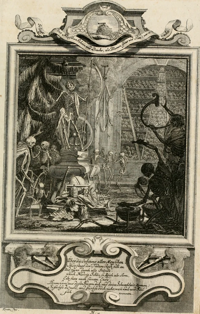 An illustration from Geistliche Todts-Gedancken : bey allerhand Gemählden und Schildereyen in Vorbildung unterschiedlichen Geschlechts, Alters, Standes, und Würdens-Persohnen sich des Todes zu erinneren, aus dessen Lehr die Tugend zu üben, und die Sünd zu meyden : erstlich in Kupfer entworffen, nachmahlen durch sittliche Erörtherung und Uberlegung unter Todten-Farben in Vorschein gebracht, dardurch zum Heyl der Seelen im Gemüth des geneigten Lesers ein lebendige Forcht und embsige Vorsorg des Todes zu erwecken, 1753, leaf 34