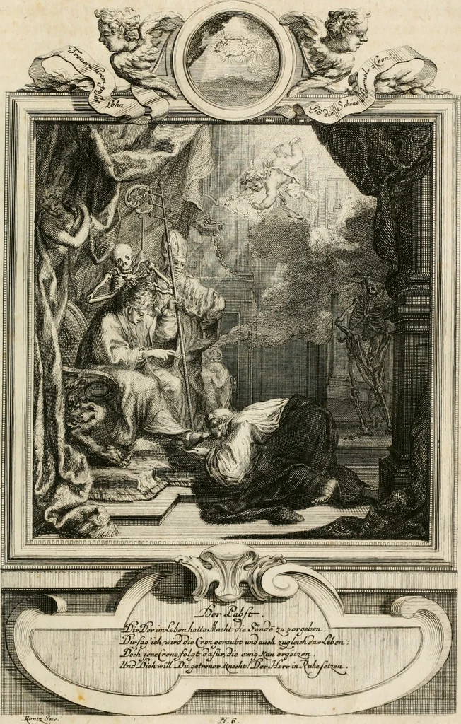 An illustration from Geistliche Todts-Gedancken : bey allerhand Gemählden und Schildereyen in Vorbildung unterschiedlichen Geschlechts, Alters, Standes, und Würdens-Persohnen sich des Todes zu erinneren, aus dessen Lehr die Tugend zu üben, und die Sünd zu meyden : erstlich in Kupfer entworffen, nachmahlen durch sittliche Erörtherung und Uberlegung unter Todten-Farben in Vorschein gebracht, dardurch zum Heyl der Seelen im Gemüth des geneigten Lesers ein lebendige Forcht und embsige Vorsorg des Todes zu erwecken, 1753, leaf 38