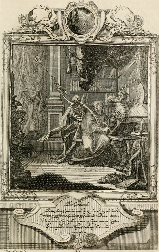 An illustration from Geistliche Todts-Gedancken : bey allerhand Gemählden und Schildereyen in Vorbildung unterschiedlichen Geschlechts, Alters, Standes, und Würdens-Persohnen sich des Todes zu erinneren, aus dessen Lehr die Tugend zu üben, und die Sünd zu meyden : erstlich in Kupfer entworffen, nachmahlen durch sittliche Erörtherung und Uberlegung unter Todten-Farben in Vorschein gebracht, dardurch zum Heyl der Seelen im Gemüth des geneigten Lesers ein lebendige Forcht und embsige Vorsorg des Todes zu erwecken, 1753, leaf 44