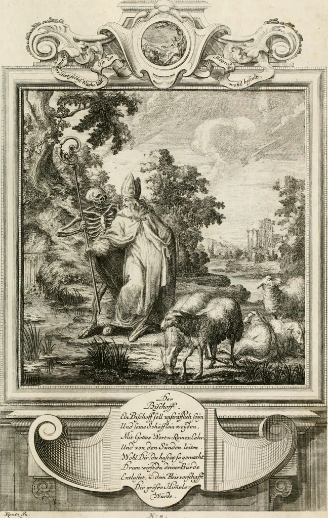 An illustration from Geistliche Todts-Gedancken : bey allerhand Gemählden und Schildereyen in Vorbildung unterschiedlichen Geschlechts, Alters, Standes, und Würdens-Persohnen sich des Todes zu erinneren, aus dessen Lehr die Tugend zu üben, und die Sünd zu meyden : erstlich in Kupfer entworffen, nachmahlen durch sittliche Erörtherung und Uberlegung unter Todten-Farben in Vorschein gebracht, dardurch zum Heyl der Seelen im Gemüth des geneigten Lesers ein lebendige Forcht und embsige Vorsorg des Todes zu erwecken, 1753, leaf 48
