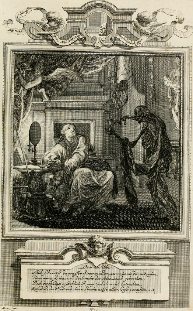 An illustration from Geistliche Todts-Gedancken : bey allerhand Gemählden und Schildereyen in Vorbildung unterschiedlichen Geschlechts, Alters, Standes, und Würdens-Persohnen sich des Todes zu erinneren, aus dessen Lehr die Tugend zu üben, und die Sünd zu meyden : erstlich in Kupfer entworffen, nachmahlen durch sittliche Erörtherung und Uberlegung unter Todten-Farben in Vorschein gebracht, dardurch zum Heyl der Seelen im Gemüth des geneigten Lesers ein lebendige Forcht und embsige Vorsorg des Todes zu erwecken, 1753, leaf 56