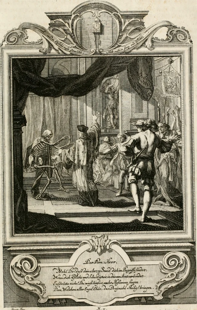 An illustration from Geistliche Todts-Gedancken : bey allerhand Gemählden und Schildereyen in Vorbildung unterschiedlichen Geschlechts, Alters, Standes, und Würdens-Persohnen sich des Todes zu erinneren, aus dessen Lehr die Tugend zu üben, und die Sünd zu meyden : erstlich in Kupfer entworffen, nachmahlen durch sittliche Erörtherung und Uberlegung unter Todten-Farben in Vorschein gebracht, dardurch zum Heyl der Seelen im Gemüth des geneigten Lesers ein lebendige Forcht und embsige Vorsorg des Todes zu erwecken, 1753, leaf 60