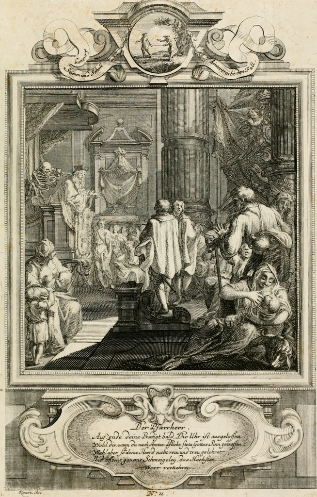An illustration from Geistliche Todts-Gedancken : bey allerhand Gemählden und Schildereyen in Vorbildung unterschiedlichen Geschlechts, Alters, Standes, und Würdens-Persohnen sich des Todes zu erinneren, aus dessen Lehr die Tugend zu üben, und die Sünd zu meyden : erstlich in Kupfer entworffen, nachmahlen durch sittliche Erörtherung und Uberlegung unter Todten-Farben in Vorschein gebracht, dardurch zum Heyl der Seelen im Gemüth des geneigten Lesers ein lebendige Forcht und embsige Vorsorg des Todes zu erwecken, 1753, leaf 66
