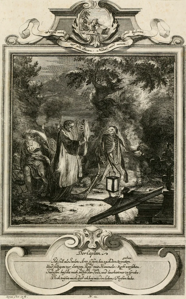 An illustration from Geistliche Todts-Gedancken : bey allerhand Gemählden und Schildereyen in Vorbildung unterschiedlichen Geschlechts, Alters, Standes, und Würdens-Persohnen sich des Todes zu erinneren, aus dessen Lehr die Tugend zu üben, und die Sünd zu meyden : erstlich in Kupfer entworffen, nachmahlen durch sittliche Erörtherung und Uberlegung unter Todten-Farben in Vorschein gebracht, dardurch zum Heyl der Seelen im Gemüth des geneigten Lesers ein lebendige Forcht und embsige Vorsorg des Todes zu erwecken, 1753, leaf 72