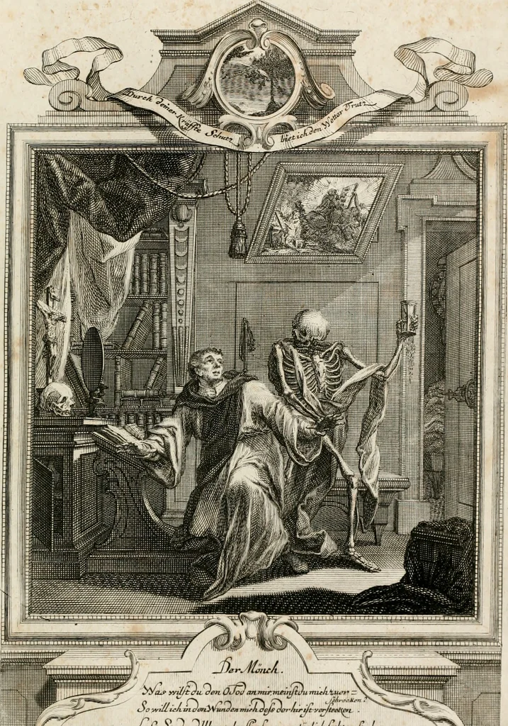 An illustration from Geistliche Todts-Gedancken : bey allerhand Gemählden und Schildereyen in Vorbildung unterschiedlichen Geschlechts, Alters, Standes, und Würdens-Persohnen sich des Todes zu erinneren, aus dessen Lehr die Tugend zu üben, und die Sünd zu meyden : erstlich in Kupfer entworffen, nachmahlen durch sittliche Erörtherung und Uberlegung unter Todten-Farben in Vorschein gebracht, dardurch zum Heyl der Seelen im Gemüth des geneigten Lesers ein lebendige Forcht und embsige Vorsorg des Todes zu erwecken, 1753, leaf 78