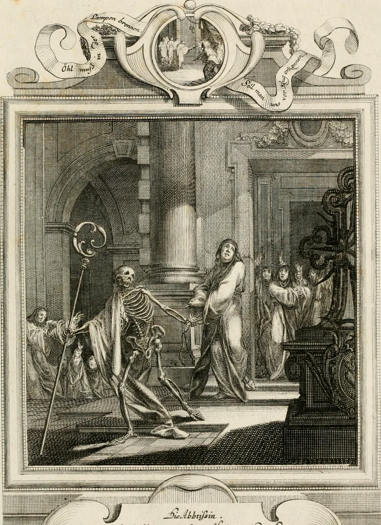 An illustration from Geistliche Todts-Gedancken : bey allerhand Gemählden und Schildereyen in Vorbildung unterschiedlichen Geschlechts, Alters, Standes, und Würdens-Persohnen sich des Todes zu erinneren, aus dessen Lehr die Tugend zu üben, und die Sünd zu meyden : erstlich in Kupfer entworffen, nachmahlen durch sittliche Erörtherung und Uberlegung unter Todten-Farben in Vorschein gebracht, dardurch zum Heyl der Seelen im Gemüth des geneigten Lesers ein lebendige Forcht und embsige Vorsorg des Todes zu erwecken, 1753, leaf 84