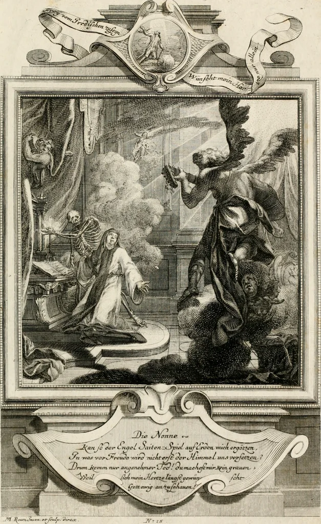 An illustration from Geistliche Todts-Gedancken : bey allerhand Gemählden und Schildereyen in Vorbildung unterschiedlichen Geschlechts, Alters, Standes, und Würdens-Persohnen sich des Todes zu erinneren, aus dessen Lehr die Tugend zu üben, und die Sünd zu meyden : erstlich in Kupfer entworffen, nachmahlen durch sittliche Erörtherung und Uberlegung unter Todten-Farben in Vorschein gebracht, dardurch zum Heyl der Seelen im Gemüth des geneigten Lesers ein lebendige Forcht und embsige Vorsorg des Todes zu erwecken, 1753, leaf 88