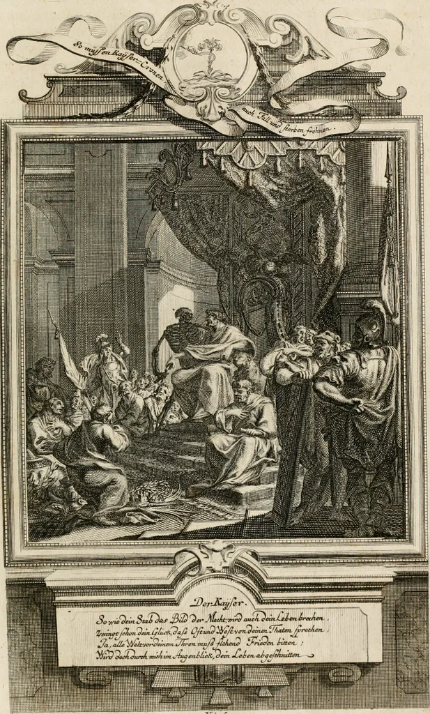 An illustration from Geistliche Todts-Gedancken : bey allerhand Gemählden und Schildereyen in Vorbildung unterschiedlichen Geschlechts, Alters, Standes, und Würdens-Persohnen sich des Todes zu erinneren, aus dessen Lehr die Tugend zu üben, und die Sünd zu meyden : erstlich in Kupfer entworffen, nachmahlen durch sittliche Erörtherung und Uberlegung unter Todten-Farben in Vorschein gebracht, dardurch zum Heyl der Seelen im Gemüth des geneigten Lesers ein lebendige Forcht und embsige Vorsorg des Todes zu erwecken, 1753, leaf 94