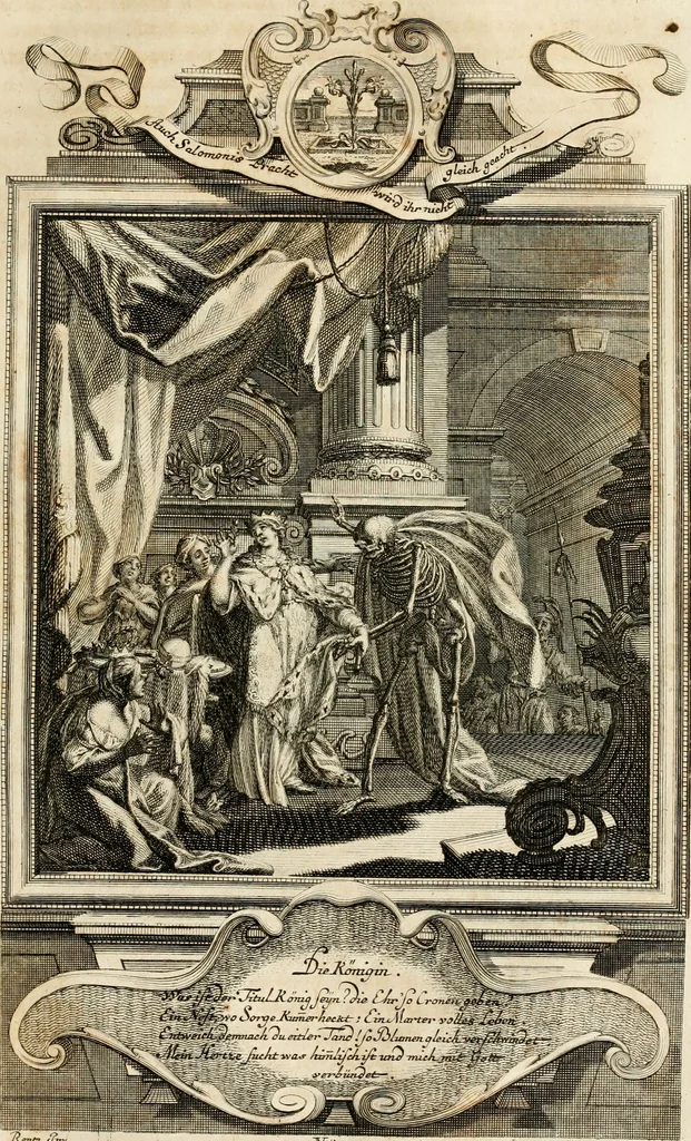An illustration from Geistliche Todts-Gedancken : bey allerhand Gemählden und Schildereyen in Vorbildung unterschiedlichen Geschlechts, Alters, Standes, und Würdens-Persohnen sich des Todes zu erinnern, aus dessen Lehr die Tugend zu üben, und die Sünd zu meyden : erstlich in Kupfer entworffen, nachmahlen durch sittliche Erörtherung und Uberlegung unter Todten-Farben in Vorschein gebracht, dardurch zum Heyl der Seelen im Gemüth des geneigten Lesers ein lebendige Forcht und embsige Vorsorg des Todes zu erwecken, 1753, leaf 108