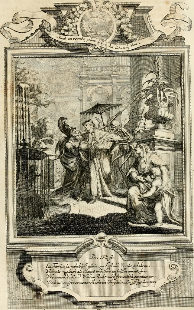 An illustration from Geistliche Todts-Gedancken : bey allerhand Gemählden und Schildereyen in Vorbildung unterschiedlichen Geschlechts, Alters, Standes, und Würdens-Persohnen sich des Todes zu erinnern, aus dessen Lehr die Tugend zu üben, und die Sünd zu meyden : erstlich in Kupfer entworffen, nachmahlen durch sittliche Erörtherung und Uberlegung unter Todten-Farben in Vorschein gebracht, dardurch zum Heyl der Seelen im Gemüth des geneigten Lesers ein lebendige Forcht und embsige Vorsorg des Todes zu erwecken, 1753, leaf 114