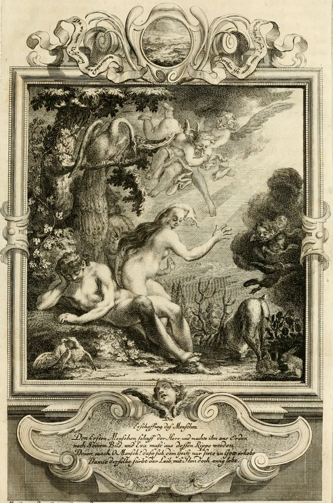 An illustration from Geistliche Todts-Gedancken : bey allerhand Gemählden und Schildereyen in Vorbildung unterschiedlichen Geschlechts, Alters, Standes, und Würdens-Persohnen sich des Todes zu erinnern, aus dessen Lehr die Tugend zu üben, und die Sünd zu meyden : erstlich in Kupfer entworffen, nachmahlen durch sittliche Erörtherung und Uberlegung unter Todten-Farben in Vorschein gebracht, dardurch zum Heyl der Seelen im Gemüth des geneigten Lesers ein lebendige Forcht und embsige Vorsorg des Todes zu erwecken, 1753, leaf 12