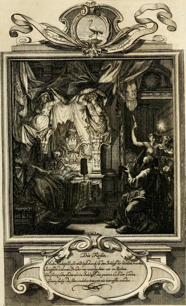 An illustration from Geistliche Todts-Gedancken : bey allerhand Gemählden und Schildereyen in Vorbildung unterschiedlichen Geschlechts, Alters, Standes, und Würdens-Persohnen sich des Todes zu erinnern, aus dessen Lehr die Tugend zu üben, und die Sünd zu meyden : erstlich in Kupfer entworffen, nachmahlen durch sittliche Erörtherung und Uberlegung unter Todten-Farben in Vorschein gebracht, dardurch zum Heyl der Seelen im Gemüth des geneigten Lesers ein lebendige Forcht und embsige Vorsorg des Todes zu erwecken, 1753, leaf 120