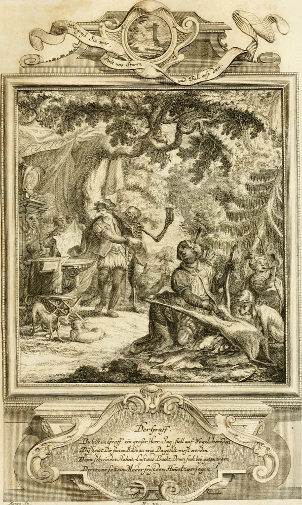 An illustration from Geistliche Todts-Gedancken : bey allerhand Gemählden und Schildereyen in Vorbildung unterschiedlichen Geschlechts, Alters, Standes, und Würdens-Persohnen sich des Todes zu erinnern, aus dessen Lehr die Tugend zu üben, und die Sünd zu meyden : erstlich in Kupfer entworffen, nachmahlen durch sittliche Erörtherung und Uberlegung unter Todten-Farben in Vorschein gebracht, dardurch zum Heyl der Seelen im Gemüth des geneigten Lesers ein lebendige Forcht und embsige Vorsorg des Todes zu erwecken, 1753, leaf 126