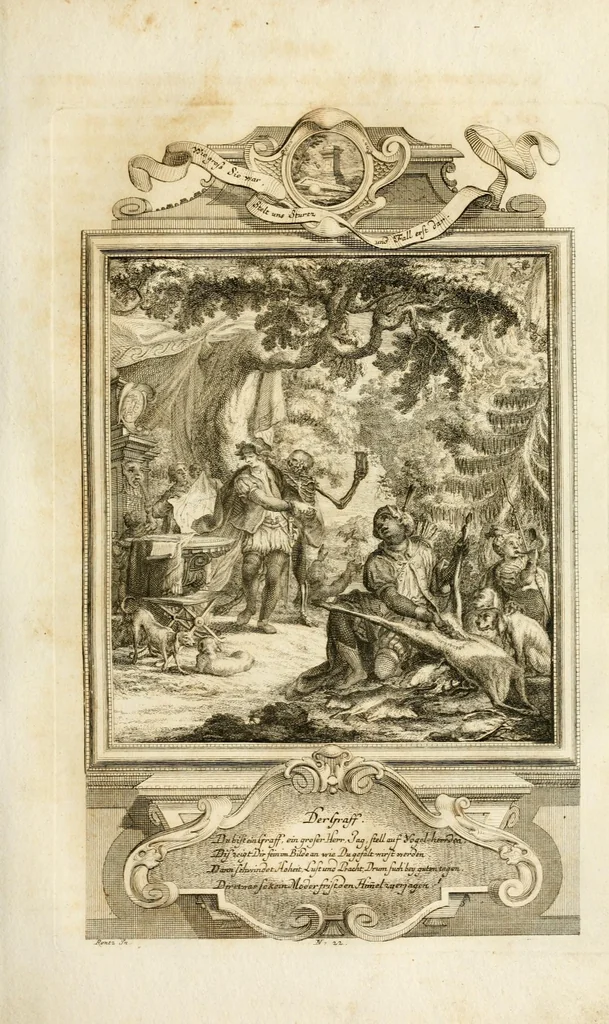 An illustration from Geistliche Todts-Gedancken : bey allerhand Gemählden und Schildereyen in Vorbildung unterschiedlichen Geschlechts, Alters, Standes, und Würdens-Persohnen sich des Todes zu erinnern, aus dessen Lehr die Tugend zu üben, und die Sünd zu meyden : erstlich in Kupfer entworffen, nachmahlen durch sittliche Erörtherung und Uberlegung unter Todten-Farben in Vorschein gebracht, dardurch zum Heyl der Seelen im Gemüth des geneigten Lesers ein lebendige Forcht und embsige Vorsorg des Todes zu erwecken, 1753, leaf 127