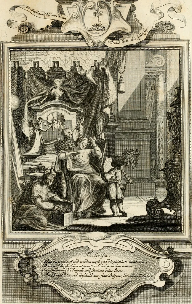 An illustration from Geistliche Todts-Gedancken : bey allerhand Gemählden und Schildereyen in Vorbildung unterschiedlichen Geschlechts, Alters, Standes, und Würdens-Persohnen sich des Todes zu erinnern, aus dessen Lehr die Tugend zu üben, und die Sünd zu meyden : erstlich in Kupfer entworffen, nachmahlen durch sittliche Erörtherung und Uberlegung unter Todten-Farben in Vorschein gebracht, dardurch zum Heyl der Seelen im Gemüth des geneigten Lesers ein lebendige Forcht und embsige Vorsorg des Todes zu erwecken, 1753, leaf 132