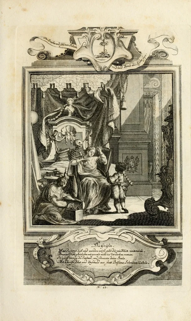 An illustration from Geistliche Todts-Gedancken : bey allerhand Gemählden und Schildereyen in Vorbildung unterschiedlichen Geschlechts, Alters, Standes, und Würdens-Persohnen sich des Todes zu erinnern, aus dessen Lehr die Tugend zu üben, und die Sünd zu meyden : erstlich in Kupfer entworffen, nachmahlen durch sittliche Erörtherung und Uberlegung unter Todten-Farben in Vorschein gebracht, dardurch zum Heyl der Seelen im Gemüth des geneigten Lesers ein lebendige Forcht und embsige Vorsorg des Todes zu erwecken, 1753, leaf 133