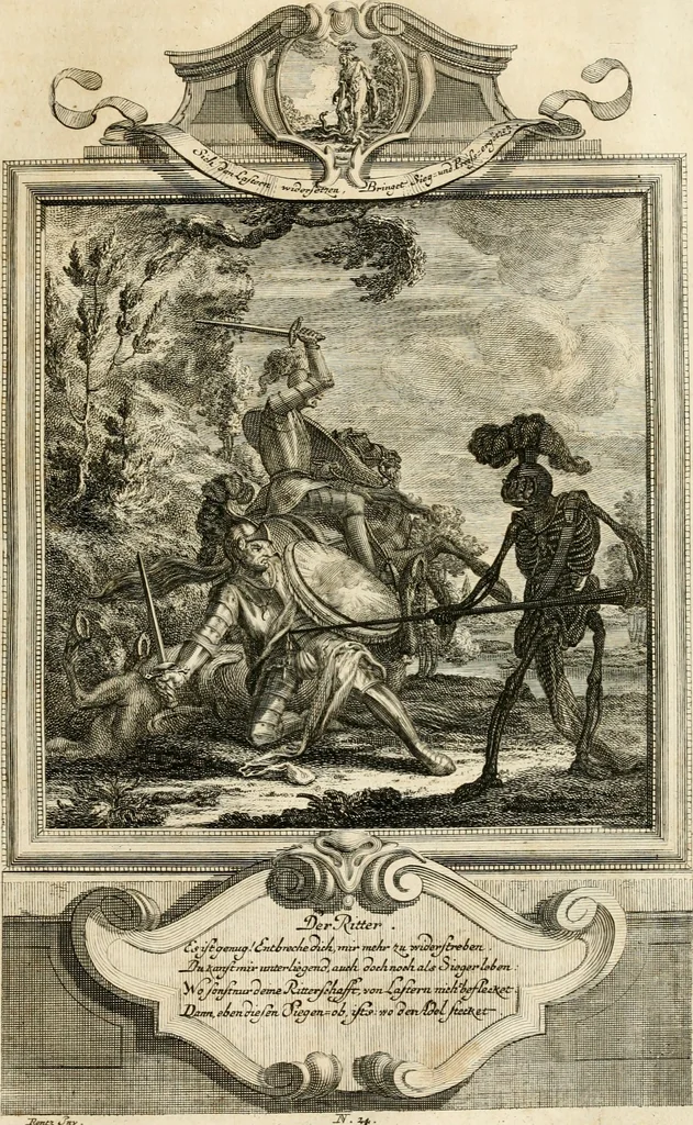 An illustration from Geistliche Todts-Gedancken : bey allerhand Gemählden und Schildereyen in Vorbildung unterschiedlichen Geschlechts, Alters, Standes, und Würdens-Persohnen sich des Todes zu erinnern, aus dessen Lehr die Tugend zu üben, und die Sünd zu meyden : erstlich in Kupfer entworffen, nachmahlen durch sittliche Erörtherung und Uberlegung unter Todten-Farben in Vorschein gebracht, dardurch zum Heyl der Seelen im Gemüth des geneigten Lesers ein lebendige Forcht und embsige Vorsorg des Todes zu erwecken, 1753, leaf 136