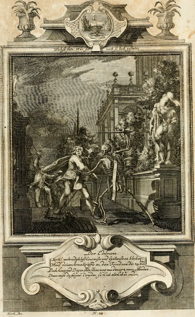 An illustration from Geistliche Todts-Gedancken : bey allerhand Gemählden und Schildereyen in Vorbildung unterschiedlichen Geschlechts, Alters, Standes, und Würdens-Persohnen sich des Todes zu erinnern, aus dessen Lehr die Tugend zu üben, und die Sünd zu meyden : erstlich in Kupfer entworffen, nachmahlen durch sittliche Erörtherung und Uberlegung unter Todten-Farben in Vorschein gebracht, dardurch zum Heyl der Seelen im Gemüth des geneigten Lesers ein lebendige Forcht und embsige Vorsorg des Todes zu erwecken, 1753, leaf 142