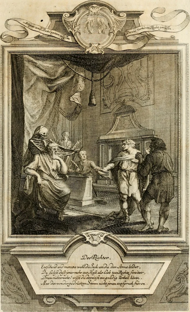 An illustration from Geistliche Todts-Gedancken : bey allerhand Gemählden und Schildereyen in Vorbildung unterschiedlichen Geschlechts, Alters, Standes, und Würdens-Persohnen sich des Todes zu erinnern, aus dessen Lehr die Tugend zu üben, und die Sünd zu meyden : erstlich in Kupfer entworffen, nachmahlen durch sittliche Erörtherung und Uberlegung unter Todten-Farben in Vorschein gebracht, dardurch zum Heyl der Seelen im Gemüth des geneigten Lesers ein lebendige Forcht und embsige Vorsorg des Todes zu erwecken, 1753, leaf 148