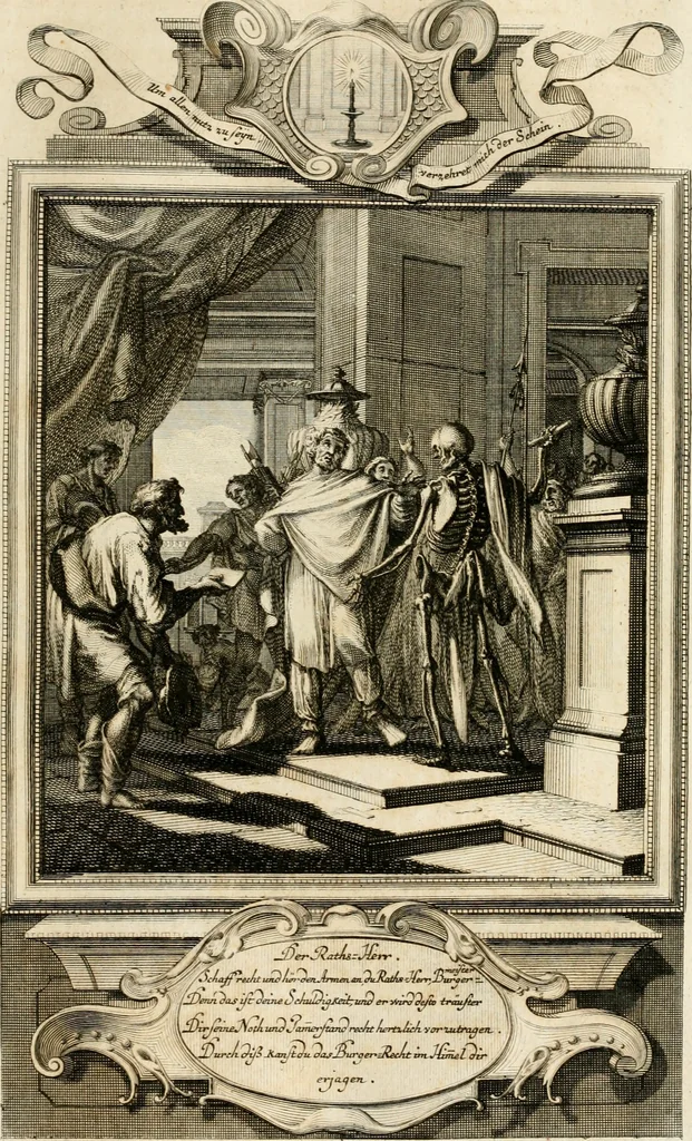 An illustration from Geistliche Todts-Gedancken : bey allerhand Gemählden und Schildereyen in Vorbildung unterschiedlichen Geschlechts, Alters, Standes, und Würdens-Persohnen sich des Todes zu erinnern, aus dessen Lehr die Tugend zu üben, und die Sünd zu meyden : erstlich in Kupfer entworffen, nachmahlen durch sittliche Erörtherung und Uberlegung unter Todten-Farben in Vorschein gebracht, dardurch zum Heyl der Seelen im Gemüth des geneigten Lesers ein lebendige Forcht und embsige Vorsorg des Todes zu erwecken, 1753, leaf 154