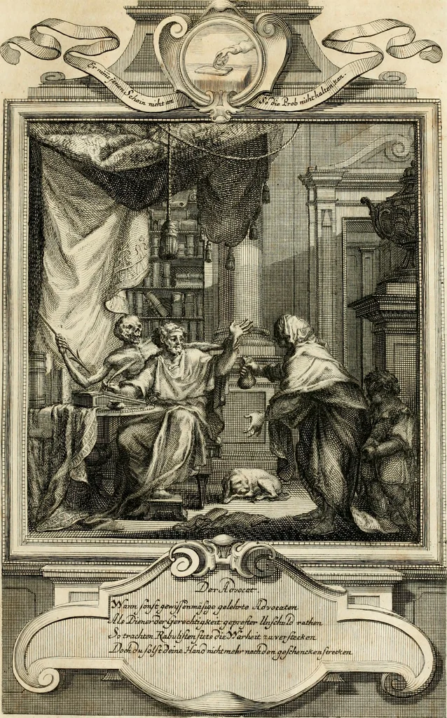 An illustration from Geistliche Todts-Gedancken : bey allerhand Gemählden und Schildereyen in Vorbildung unterschiedlichen Geschlechts, Alters, Standes, und Würdens-Persohnen sich des Todes zu erinnern, aus dessen Lehr die Tugend zu üben, und die Sünd zu meyden : erstlich in Kupfer entworffen, nachmahlen durch sittliche Erörtherung und Uberlegung unter Todten-Farben in Vorschein gebracht, dardurch zum Heyl der Seelen im Gemüth des geneigten Lesers ein lebendige Forcht und embsige Vorsorg des Todes zu erwecken, 1753, leaf 160