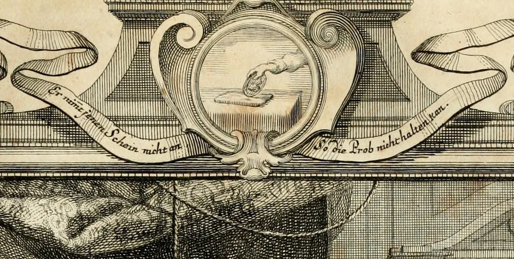 An illustration from Geistliche Todts-Gedancken : bey allerhand Gemählden und Schildereyen in Vorbildung unterschiedlichen Geschlechts, Alters, Standes, und Würdens-Persohnen sich des Todes zu erinnern, aus dessen Lehr die Tugend zu üben, und die Sünd zu meyden : erstlich in Kupfer entworffen, nachmahlen durch sittliche Erörtherung und Uberlegung unter Todten-Farben in Vorschein gebracht, dardurch zum Heyl der Seelen im Gemüth des geneigten Lesers ein lebendige Forcht und embsige Vorsorg des Todes zu erwecken, 1753, leaf 161