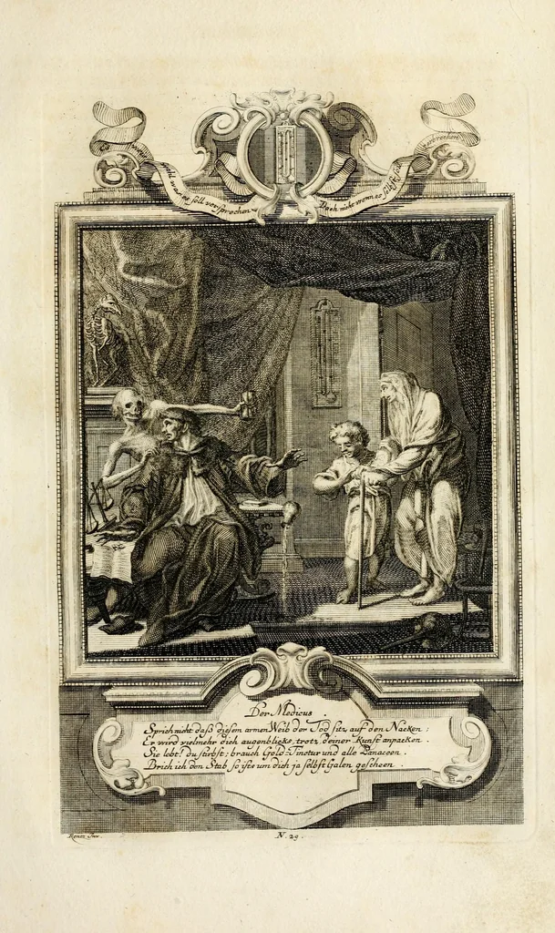 An illustration from Geistliche Todts-Gedancken : bey allerhand Gemählden und Schildereyen in Vorbildung unterschiedlichen Geschlechts, Alters, Standes, und Würdens-Persohnen sich des Todes zu erinnern, aus dessen Lehr die Tugend zu üben, und die Sünd zu meyden : erstlich in Kupfer entworffen, nachmahlen durch sittliche Erörtherung und Uberlegung unter Todten-Farben in Vorschein gebracht, dardurch zum Heyl der Seelen im Gemüth des geneigten Lesers ein lebendige Forcht und embsige Vorsorg des Todes zu erwecken, 1753, leaf 167