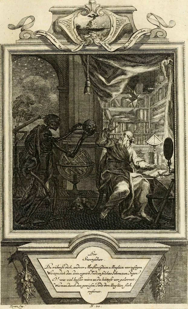 An illustration from Geistliche Todts-Gedancken : bey allerhand Gemählden und Schildereyen in Vorbildung unterschiedlichen Geschlechts, Alters, Standes, und Würdens-Persohnen sich des Todes zu erinnern, aus dessen Lehr die Tugend zu üben, und die Sünd zu meyden : erstlich in Kupfer entworffen, nachmahlen durch sittliche Erörtherung und Uberlegung unter Todten-Farben in Vorschein gebracht, dardurch zum Heyl der Seelen im Gemüth des geneigten Lesers ein lebendige Forcht und embsige Vorsorg des Todes zu erwecken, 1753, leaf 172