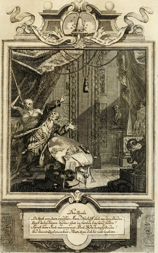 An illustration from Geistliche Todts-Gedancken : bey allerhand Gemählden und Schildereyen in Vorbildung unterschiedlichen Geschlechts, Alters, Standes, und Würdens-Persohnen sich des Todes zu erinnern, aus dessen Lehr die Tugend zu üben, und die Sünd zu meyden : erstlich in Kupfer entworffen, nachmahlen durch sittliche Erörtherung und Uberlegung unter Todten-Farben in Vorschein gebracht, dardurch zum Heyl der Seelen im Gemüth des geneigten Lesers ein lebendige Forcht und embsige Vorsorg des Todes zu erwecken, 1753, leaf 178