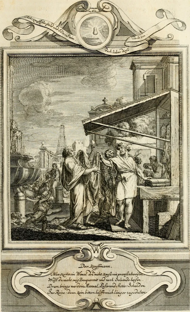 An illustration from Geistliche Todts-Gedancken : bey allerhand Gemählden und Schildereyen in Vorbildung unterschiedlichen Geschlechts, Alters, Standes, und Würdens-Persohnen sich des Todes zu erinnern, aus dessen Lehr die Tugend zu üben, und die Sünd zu meyden : erstlich in Kupfer entworffen, nachmahlen durch sittliche Erörtherung und Uberlegung unter Todten-Farben in Vorschein gebracht, dardurch zum Heyl der Seelen im Gemüth des geneigten Lesers ein lebendige Forcht und embsige Vorsorg des Todes zu erwecken, 1753, leaf 182