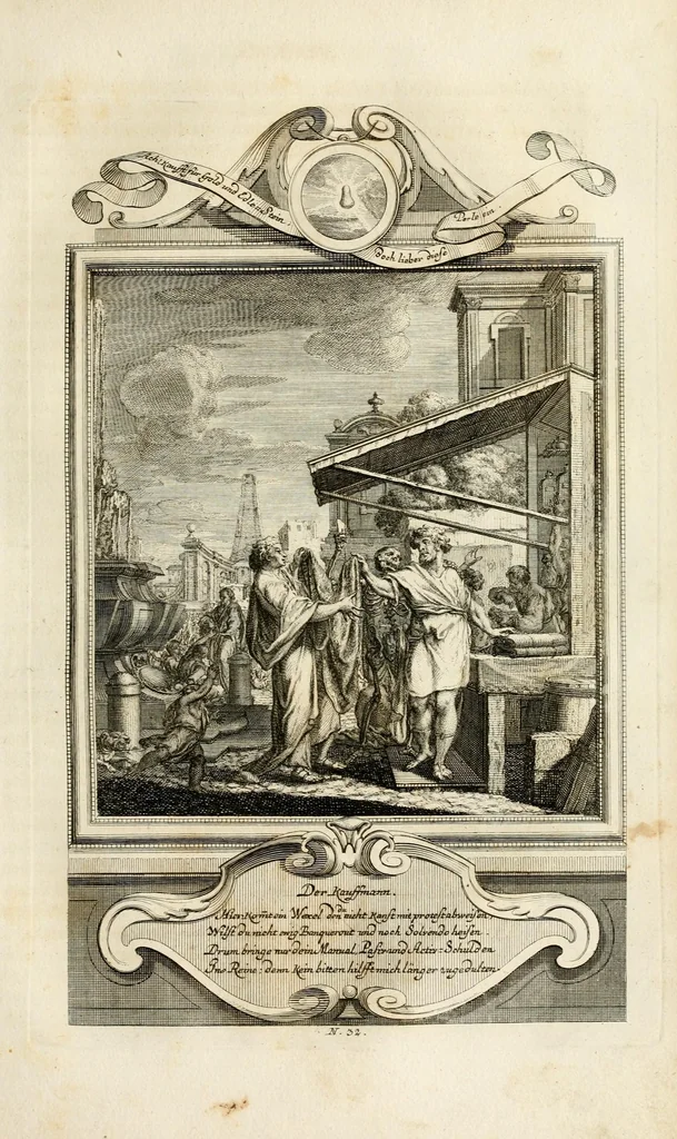 An illustration from Geistliche Todts-Gedancken : bey allerhand Gemählden und Schildereyen in Vorbildung unterschiedlichen Geschlechts, Alters, Standes, und Würdens-Persohnen sich des Todes zu erinnern, aus dessen Lehr die Tugend zu üben, und die Sünd zu meyden : erstlich in Kupfer entworffen, nachmahlen durch sittliche Erörtherung und Uberlegung unter Todten-Farben in Vorschein gebracht, dardurch zum Heyl der Seelen im Gemüth des geneigten Lesers ein lebendige Forcht und embsige Vorsorg des Todes zu erwecken, 1753, leaf 183