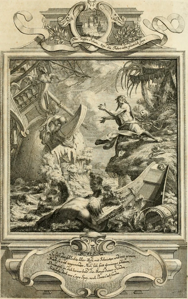 An illustration from Geistliche Todts-Gedancken : bey allerhand Gemählden und Schildereyen in Vorbildung unterschiedlichen Geschlechts, Alters, Standes, und Würdens-Persohnen sich des Todes zu erinnern, aus dessen Lehr die Tugend zu üben, und die Sünd zu meyden : erstlich in Kupfer entworffen, nachmahlen durch sittliche Erörtherung und Uberlegung unter Todten-Farben in Vorschein gebracht, dardurch zum Heyl der Seelen im Gemüth des geneigten Lesers ein lebendige Forcht und embsige Vorsorg des Todes zu erwecken, 1753, leaf 188